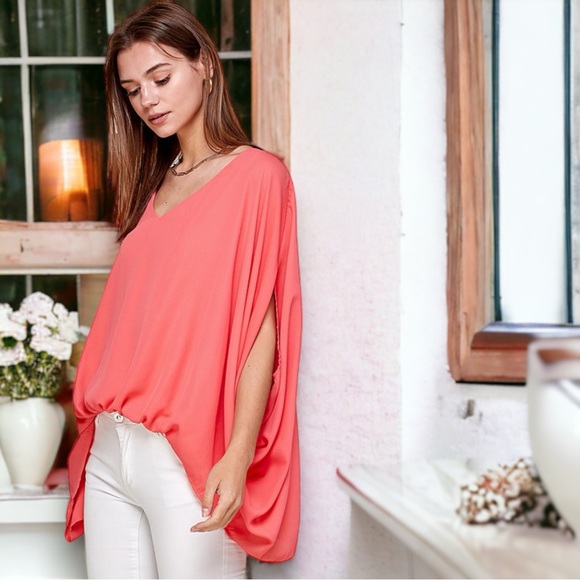 Coral Draped Blouse with Shirred Front - Picture 3 of 8